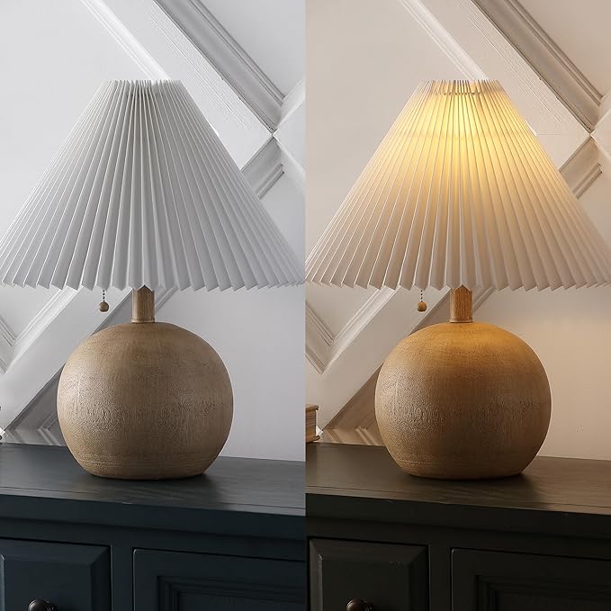 JONATHAN Y JYL1145B Aksel 17.25" Coastal Scandinavian Resin/Iron Sphere LED Table Lamp with Pleated Shade and Pull Chain, Beige Wood Finish/White, for Entry Console, Bedroom, Living Room