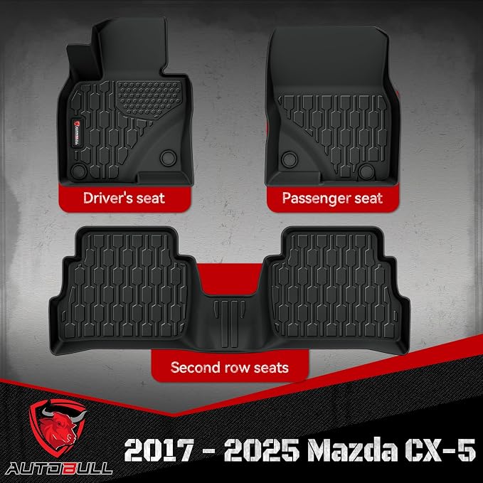 Floor Mats Compatible with Mazda CX-5 2017-2025, All Weather TPE Floor Liners, Custom Fit Car mats, 1st & 2nd Row, Black