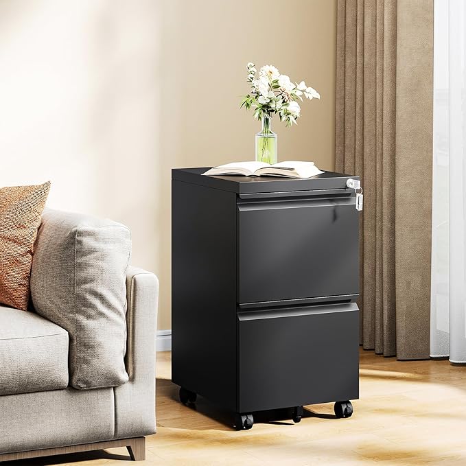 MIIIKO 2 Drawer File Cabinet on Wheels, Home Office Mobile File Drawers Under