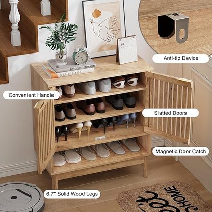 Shoe Cabinet with Slatted Doors, Freestanding Shoe Cabinet Storage