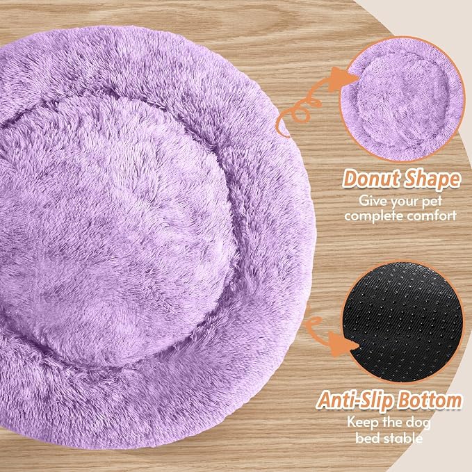 JOLLYVOGUE Calming Dog Bed for Small Dogs - 23 inches Donut Washable Small Dog Bed for Kittens & Puppies, Anti-Slip Round Fluffy Plush Faux Fur Cat Beds (Fits up to 25 lbs Pets, Purple)