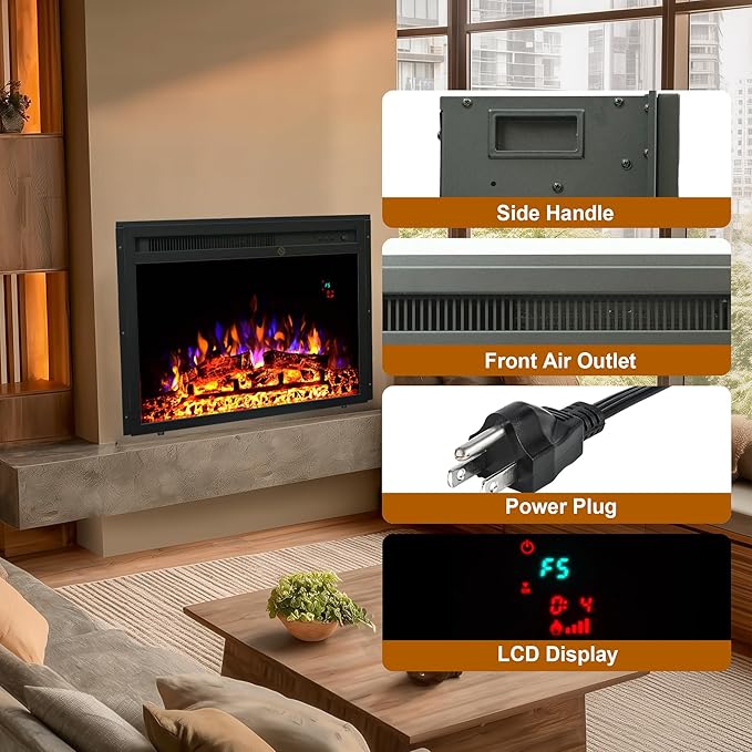 23.6 Inch Electric Fireplace Insert, Recessed Electric Fireplace Heater
