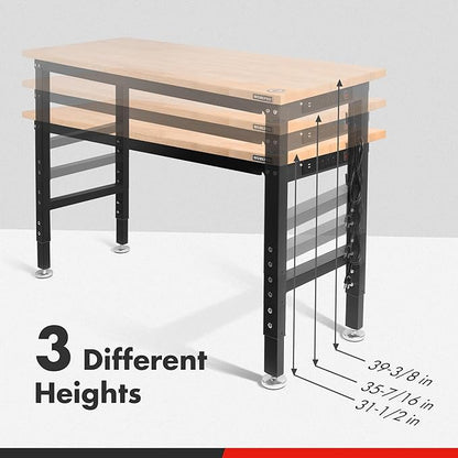 WORKPRO 48" Adjustable Workbench, Rubber Wood Top Heavy-Duty Workstation