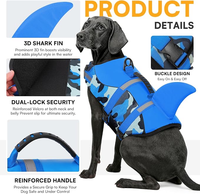 Dog Life Jacket Ripstop Dog Shark Safety Vest Adjustable Preserver with High Buoyancy and Durable Rescue Handle for Small,Medium,Large Dogs, Blue Camouflage Medium