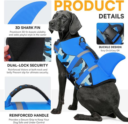 Dog Life Jacket Ripstop Dog Shark Safety Vest Adjustable Preserver with High Buoyancy and Durable Rescue Handle for Small,Medium,Large Dogs, Blue Camouflage Medium