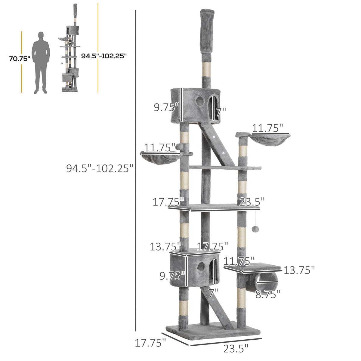 Floor Standing Cat Tree 94.5-10.25 Inch Height Adjustable Cat Climbing Tower, Apartment Hammock