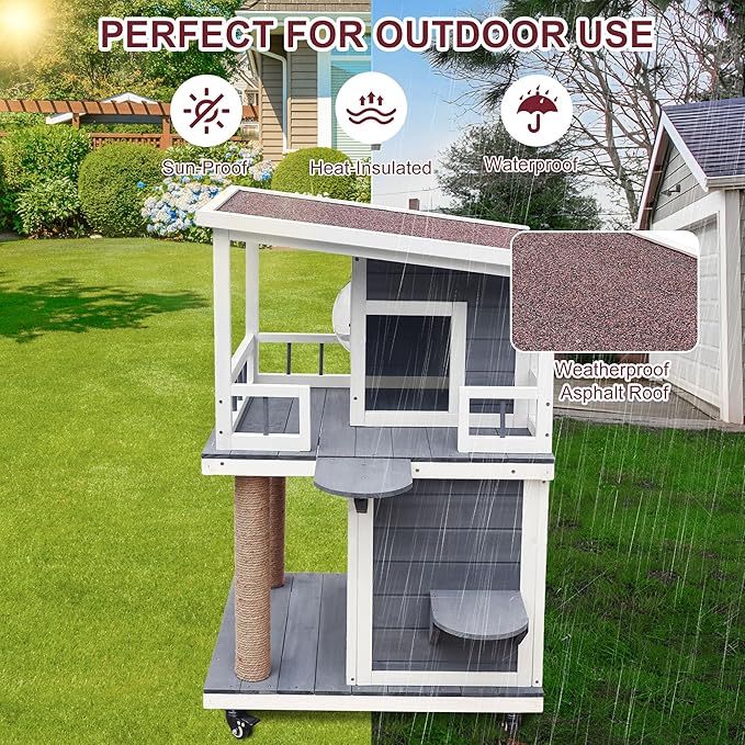Rockever Outdoor Cat House, 2 Story Outdoor Cat Houses for Feral Cats Wooden Outside Cat Shelter Weatherproof with Escape Door & Cat Scratching Post