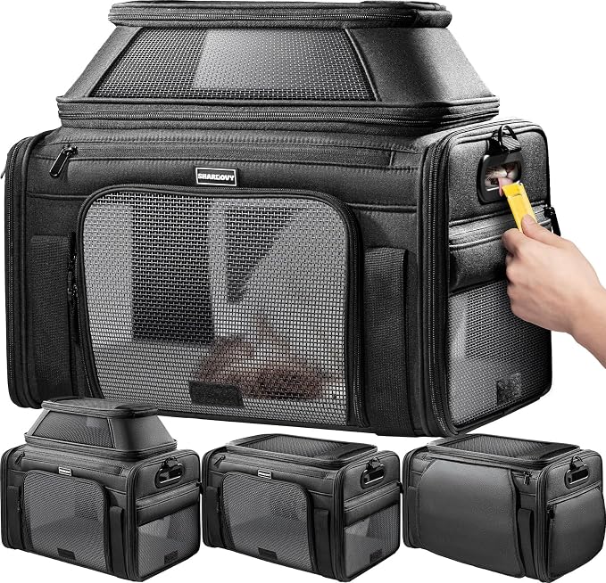 Top-Expandable Pet Carrier with Treat Pet Window,18x13x9.5 Airline Approved | for Southwest Frontier,Soft-Sided Dog Carrier, Anti-Scratch Mesh, Lockable Zippers,Cat Carrier for Kitten,Rabbit,Puppy, Black