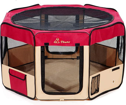 Pawer 45”×24” 8-Panel Foldable Pet Playpen, Burgundy+Beige, Personalize Embroidery Extra Fabric Piece Available, for Cat/Dog/Puppy, 600D Oxford Cloth Portable Indoor & Outdoor Kennel with Carry Bag