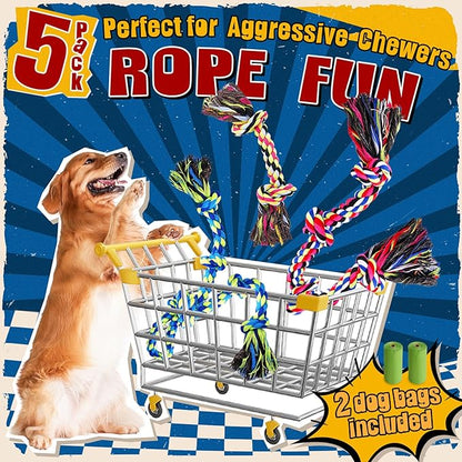 Heavy Duty Dog Toy for Aggressive Chewers – Tough Chew Toys for Large Dogs, Ideal for Tug-of-War & Teeth Cleaning, with 3 Rope Toys & 2 Dog Bags