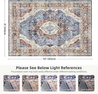 Deerly Rug 8x10 Area Rug Boho Washable Rug Large Rugs for Bedroom Living Room Vintage Non-Slip Oriental Distressed Carpet Indoor Stain Resistant(Border Brown/Navy Blue)