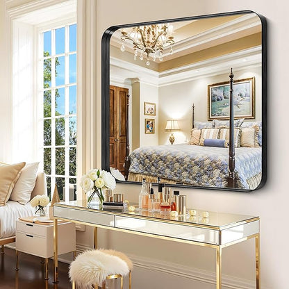 CIRCUMI Black Bathroom Mirror, Rounded Corner, Tempered Glass, Mirror
