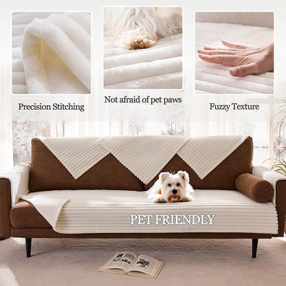 Dual Non-Slip Couch Cover for Dogs Waterproof, Fuzzy Soft Pet Couch Covers for Sofa 3 Cushion, Pet Friendly Soft Dog Bed Covers Sofa Cover Washable (White, 33" x 95" 1 Pack)