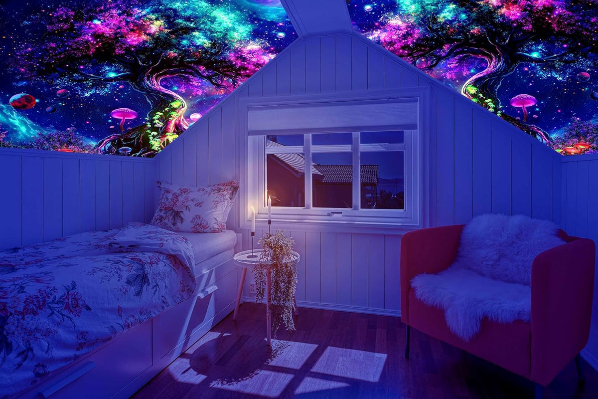 dueeia Blacklight Tree Life Tapestry Wall Hanging Fantasy Black Light Glow in the Dark Uv Mushroom Tapestries for Bedroom Aesthetic Living Room Wall Decor (90.6"x70.9")
