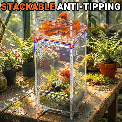 Jumping Spider Enclosure, Acrylic Terrarium with with Magnetic Doors, 0.8mm Micro-Ventilation, Stackable Escape-Proof Habitat for Jumping Spiders, Tarantulas & Small Reptiles, 3”x3”x6”