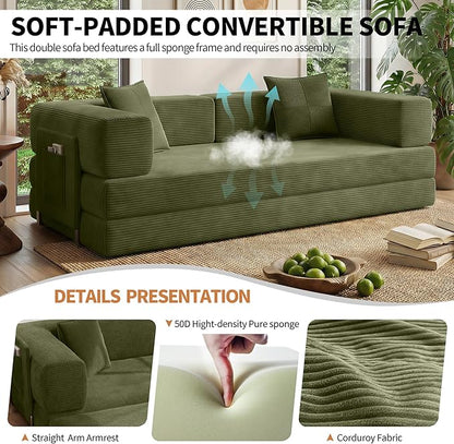 Fancyfire 78.8" Convertible Sofa Bed with Armrest Pillow,4-in-1 Sleeper Couch Bed for Livingroom,Modular Corduroy Boneless couches,No Assembly (Green)