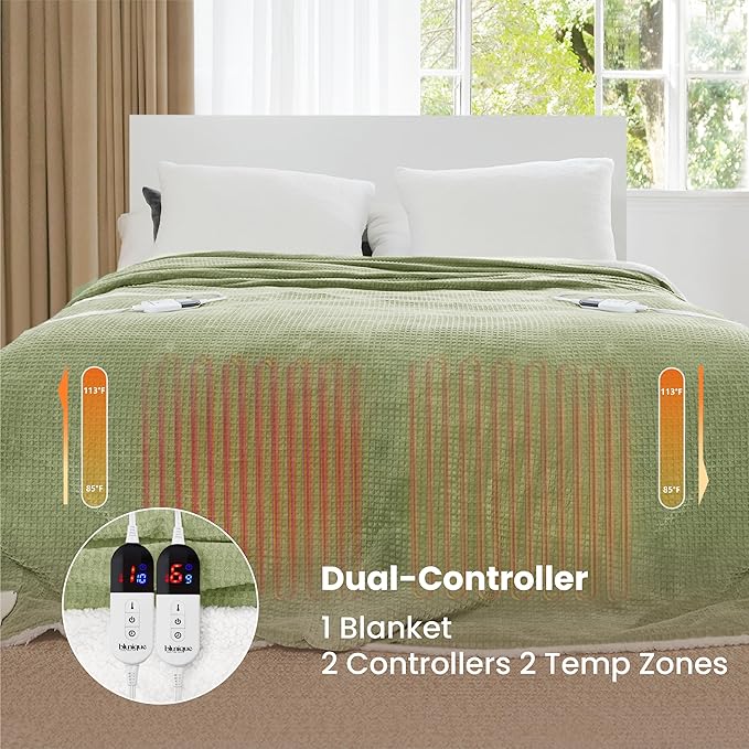 Heated Blanket Electric Blanket Queen Waffle, 84x90 Inches Dual Controllers