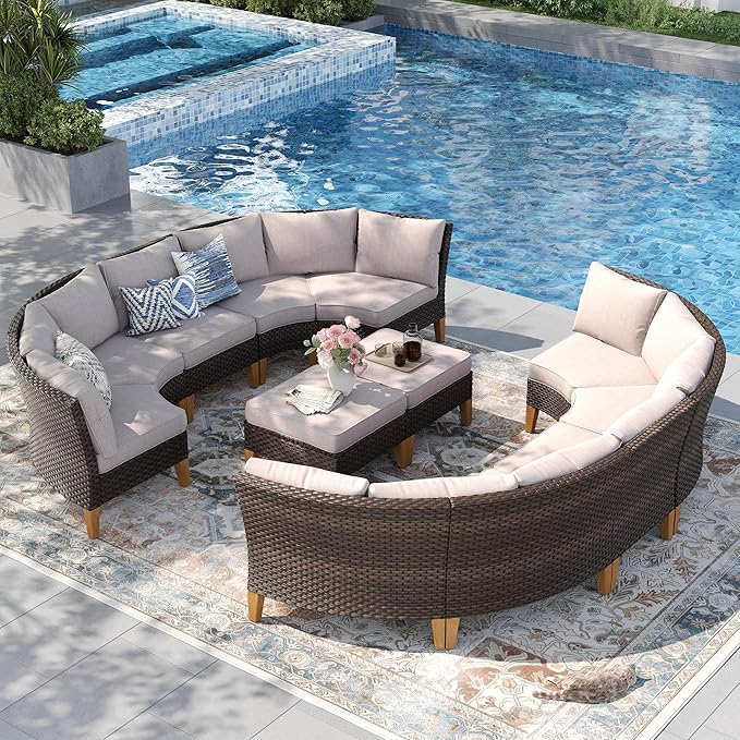 PHI VILLA 8-Piece Wicker Patio Furniture Set, Outdoor Half-Moon Curved Sectional Sofa with Cushions, 2 Ottomans, Large Conversation Seating for Garden or Backyard, Beige