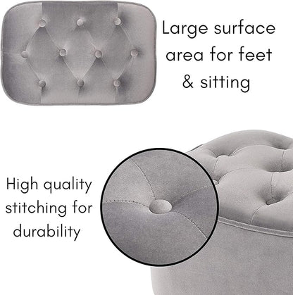 BIRDROCK HOME Tufted Curve Ottoman Velvet Foot Stool - Upholstered Padded Footrest for Living Room or Bedroom - Small Cushioned Accent Chair for Couch, Sofa, Large Seating - Modern Furniture - Grey
