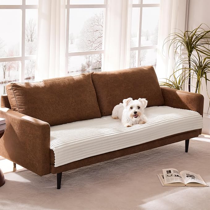 Dual Non-Slip Couch Cover for Dogs Waterproof, Fuzzy Soft Pet Couch Covers for Sofa 3 Cushion, Pet Friendly Soft Dog Bed Covers Sofa Cover Washable (White, 33" x 95" 1 Pack)