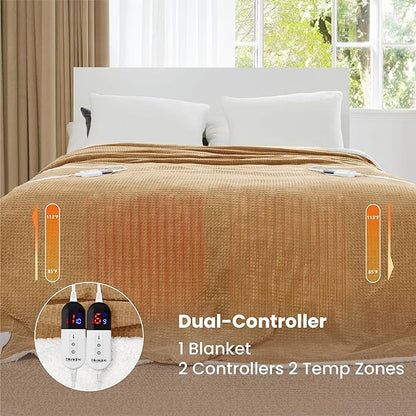 Heated Blanket Electric Blanket King Waffle, 90x100 Inches Dual Controllers