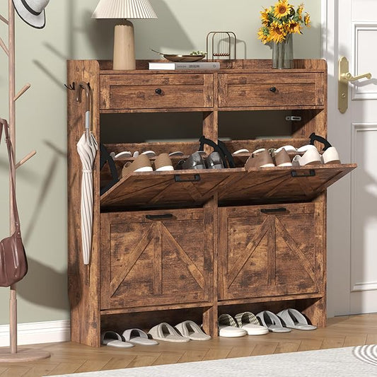 Shoe Cabinet with 4 Flip Drawers & 2 Storage Drawers, Rustic Farmhouse Narrow