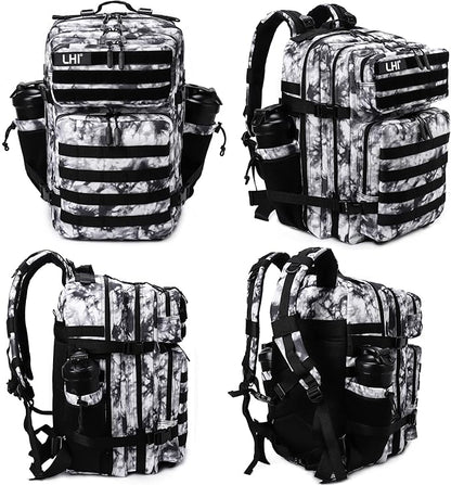 LHI Military Tactical Backpack for Men Molle Daypack 45L Army 3 Days Assault Pack Bag Large Rucksack With Bottle Holder Black and White(12*20*12)