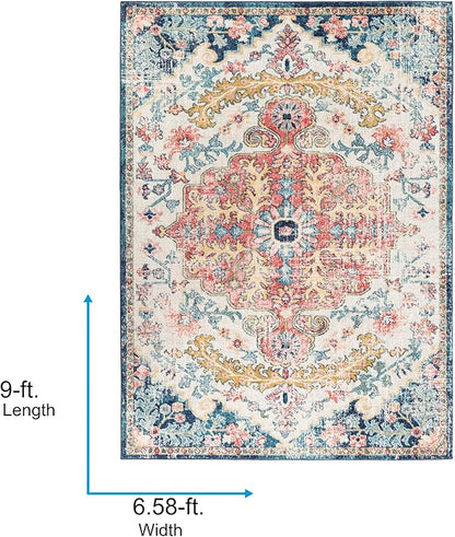 Livabliss Area Rugs - 7x9 Odelia Vintage Boho Aqua Burgandy Blue Area Rug for Living Room Bedroom - Floral Medallion Stain Resistant Carpet for Kitchen, Nursery, Office (6'7" x 9')