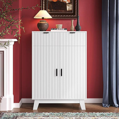 Fluted Shoe Cabinet, 4-Tier Mid Century Modern Narrow Shoe Storage Cabinet