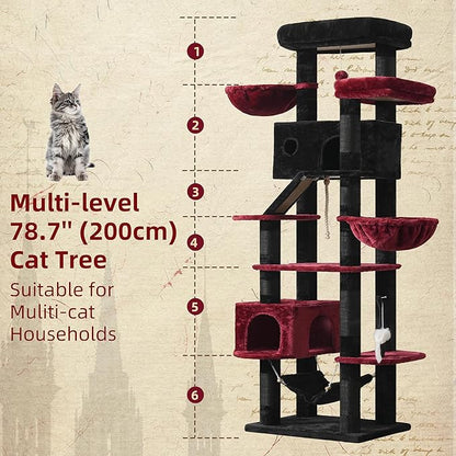 Gitelsnour Gothic Cat Tree for Large Cats, 78.7"(200cm) Tall Cat Tower for Indoor Cats Multiple Cats with Large Top Perch, Cat Condo, Cat Hammcok, Cat Scratching Post, Black and Red GCT031BR