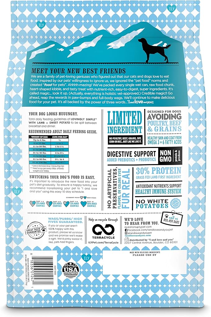 I and love and you Lovingly Simple Dry Dog Food - Lamb + Sweet Potato - Grain Free, Filler Free, Prebiotic + Probiotic 3.85lb Bag