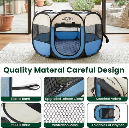 Love's cabin Dog Playpen with Washable Pee Pad, Puppy Pet Cat Playpen Small Dogs Tent Crate Indoor/Outdoor, Portable Pop Up Kennel with Carrying Case for Cats/Rabbits(Blue,Small with pad)