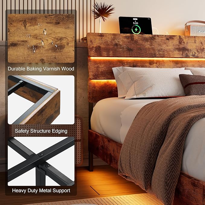 Floating Bed Frame Full Size with Led Headboard and Charging Station, Metal Platform Bed Base with Storage, Remote Control, Heavy Slats Support, No Box Spring Needed, Noise Free, Vintage Brown