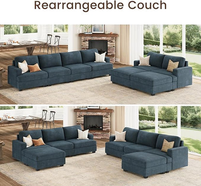 Nolany Sectional Couch with Storage Ottoman, Corduroy Sleeper Sectional Sofa with Chaise, Modular Sectional Couches for Living Room, Blue