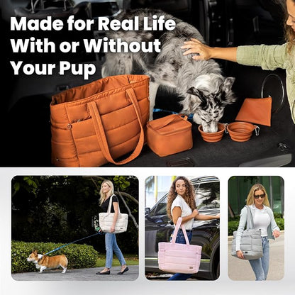 Puffer Dog Travel Bag for Dog Moms, Diaper Bag with Travel Bowls | 2 BPA-Free Collapsible Bowls, 2 Pet Food Containers, 9 Pockets, Everyday Puffer Bag Works With or Without Your Dog, Grey