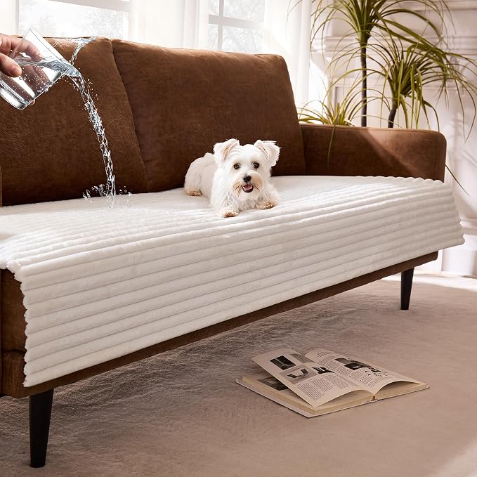 Dual Non-Slip Couch Cover for Dogs Waterproof, Fuzzy Soft Pet Couch Covers for Sofa 3 Cushion, Pet Friendly Soft Dog Bed Covers Sofa Cover Washable (White, 33" x 95" 1 Pack)