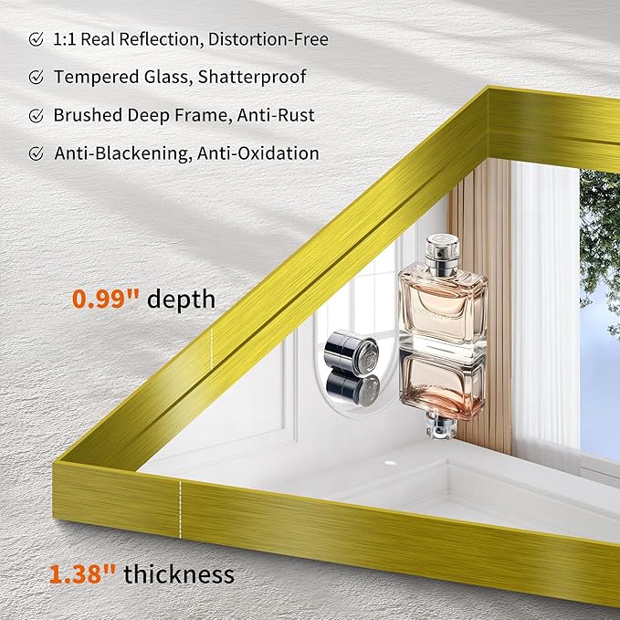 CIRCUMI Gold Bathroom Mirror, Brushed Finish, Tempered Glass, Mirror