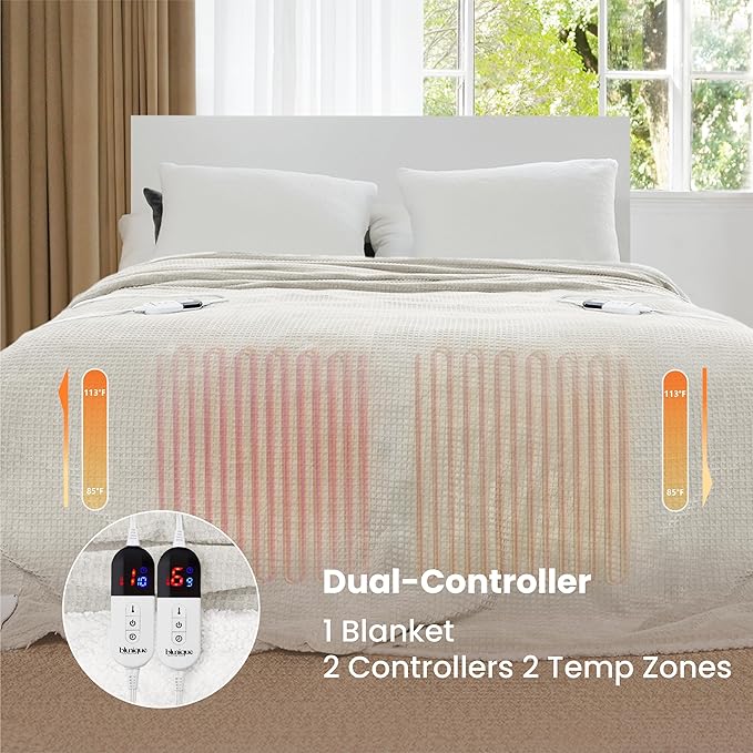 Electric Blanket King Waffle, 90x100 Inches, Dual Controllers, Sherpa Fleece