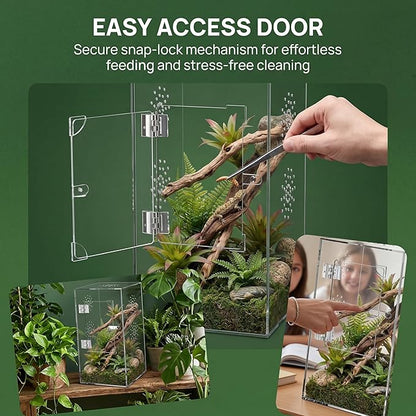 Large Jumping Spider Enclosure, 12x6x6 Inch Acrylic Spider Terrarium, Pre-Assembled Reptile Enclosure with Front Opening Door, Habitat Accessories for Mantis, Tarantula, Snail, Invertebrates