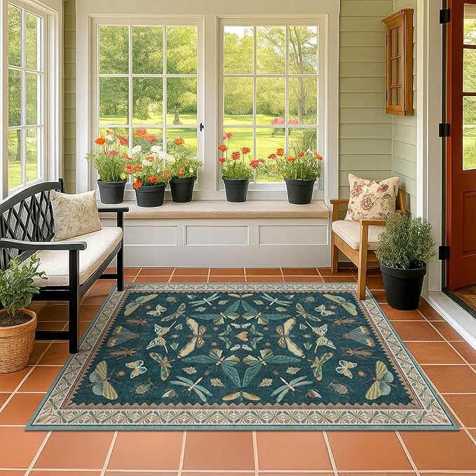 Dark Teal 4x6 Area Rugs for Door Mat Entrance - Vintage Floor Rug for Entryway, Mudroom Kitchen, Floral Forest Insect Print, Washable Low Pile Non-Slip Stain Resistant
