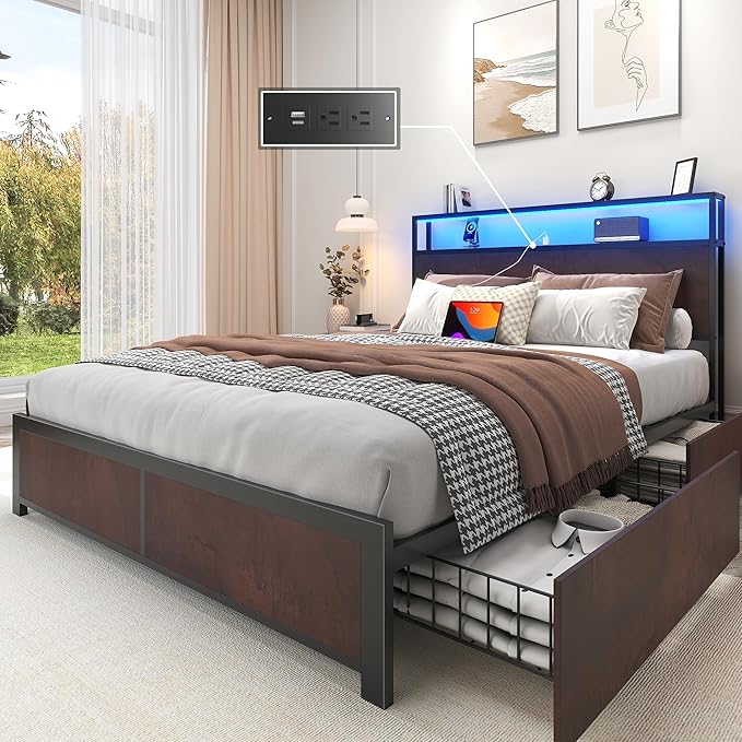 Lifezone Full Bed Frame with 2-Tier Storage Headboard, Metal Platform Bed Frame with 4 Storage Drawers, Built in Charging Station & LED, Noise-Free/Metal Support/No Box Spring Needed, Coffee Brown