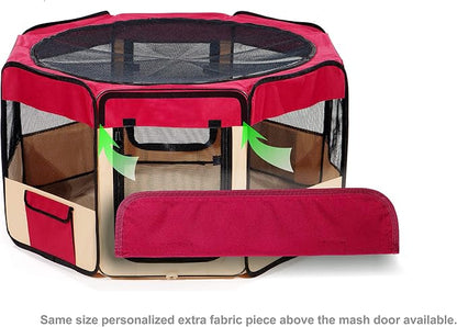 Pawer 45”×24” 8-Panel Foldable Pet Playpen, Burgundy+Beige, Personalize Embroidery Extra Fabric Piece Available, for Cat/Dog/Puppy, 600D Oxford Cloth Portable Indoor & Outdoor Kennel with Carry Bag
