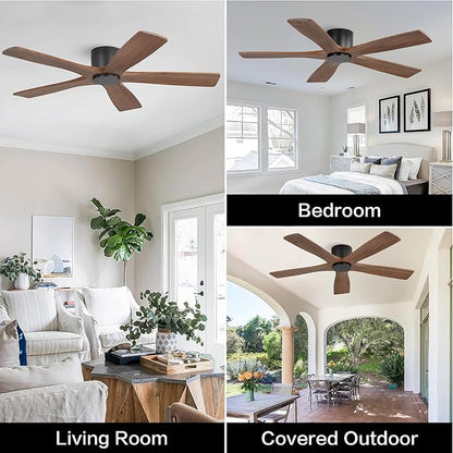 WINGBO 54" Flush Mount DC Ceiling Fans without Lights, 5 Carved Solid Wood