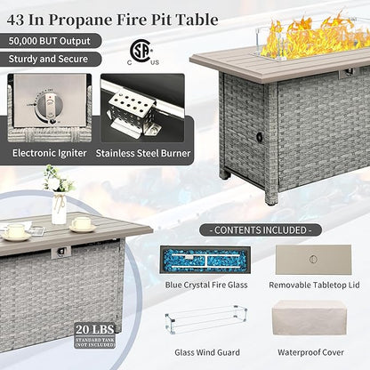 WAROOM Patio Furniture Set 4 Piece Wicker Conversation Sets PE Rattan Chair Outdoor Couch Sectional Sofa with Fire Pit Table, Grey Cushion
