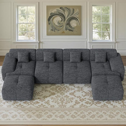158" U Shaped Convertible Modular Couch, Cloud Couch Sectional with Ottoman, 6-Seater Chenille Boneless Couches for Living Room, Apartment, No Assembly, Grey Black 1PCS