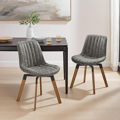 Art Leon Swivel Dining Chairs Set of 2, Mid Century Modern Kitchen Dining Room Chairs, Upholstered Faux Leather Armless Side Chair with Wood Legs for Living Room Bedroom, Gray