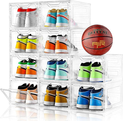 10 Pack Large Shoe Boxes Clear Plastic Stackable, Shoe Storage Organizer