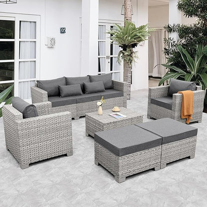 WAROOM Patio Furniture Set 6 Piece Outdoor Patio Set Grey Wicker Balcony Furniture Conversation Sets PE Rattan Couch Sofa with Coffee Table, Grey Cushion