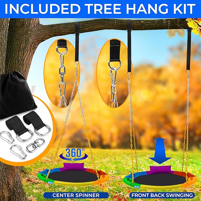 SereneLife 40" Saucer Swing - Outdoor Swing Set with Heavy-Duty Chains & Hanging Kit, Swinging Seat Spinner with Pillow & Carry Bag, Weatherproof, Water-Resistant, Supports Up to 700 lbs, Rainbow