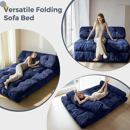 MAXYOYO Folding Sofa Bed, Convertible Sleeper Chair with Pillow Foldable Matress with Back Support, Portable Fold Out Chair Bed Comfy Floor Sofa Lounge for Living Room Bedroom, Navy Double